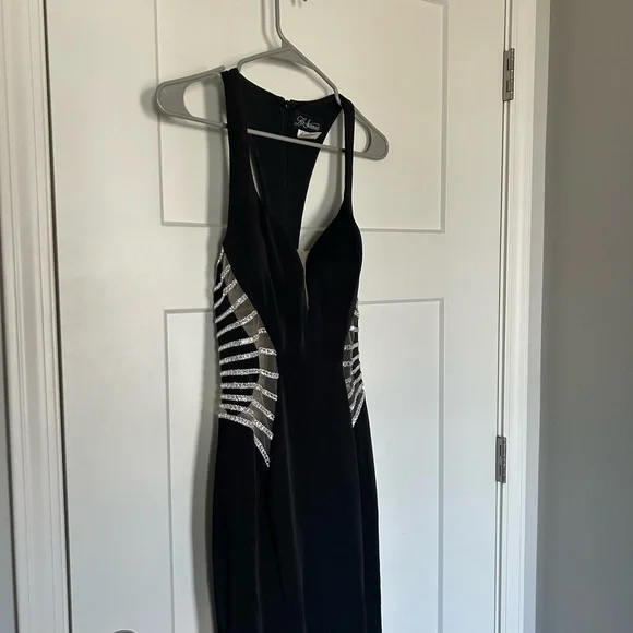 La Femme Black Sleeveless Halter Gown